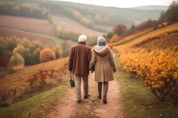 Loving Mature Couple walking with autumn countryside, Generative AI