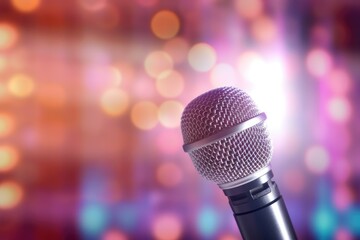 Microphone over blurred photo of conference hall or seminar room background
