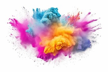 Multicolor explosion of holi powder isolated on white background. Generative AI