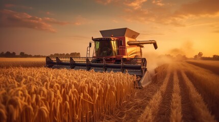 combine harvester at sunset