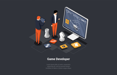 Concept Of Game Development. Team Of GameDev In Process Of Create And Develop New Computer Video Game Design. Digital Technology, Programming and Codding. Isometric 3d Cartoon Vector Illustration