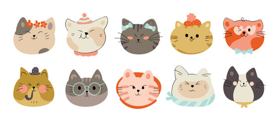 Cute and smile cat heads doodle vector set. Comic happy cat faces character with glasses, crown, different accessories, hat in flat color. Cute pet illustration design for sticker, comic, print.