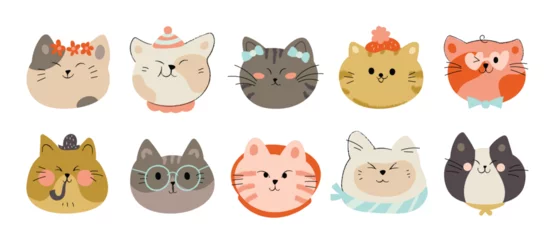Naadloos Fotobehang Airtex Schattige dieren set Cute and smile cat heads doodle vector set. Comic happy cat faces character with glasses, crown, different accessories, hat in flat color. Cute pet illustration design for sticker, comic, print.