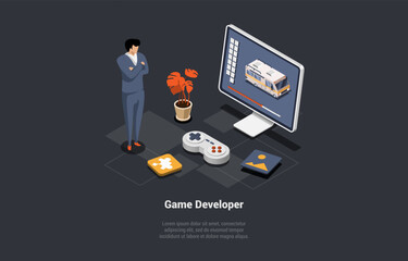 Game Development Concept. GameDev In Process Of Create And Develop New Computer Video Game Design. Digital Technology. Man Testing and Codding Game Interfase. Isometric 3d Cartoon Vector Illustration