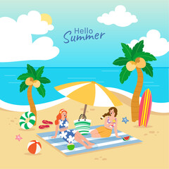 people picnic on beach vector. woman, surf board, coconut tree, enjoy summer vacation, relax, chill have fun.