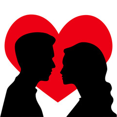 Beautiful young couple face to face. Modern vector illustration man and woman portrait silhouette on red heart background. Love concept. isolated on white