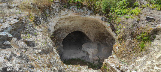 Large cistern at ancient Jewish burial catacombs located in Beit Shearim National Park - 609870363