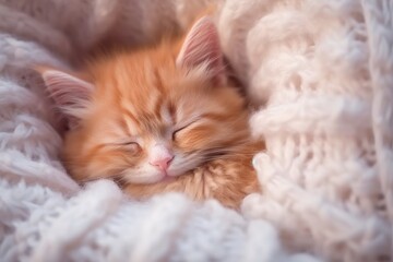 Cute little kitten sleeps on fur white blankets sofa, Generatie AI