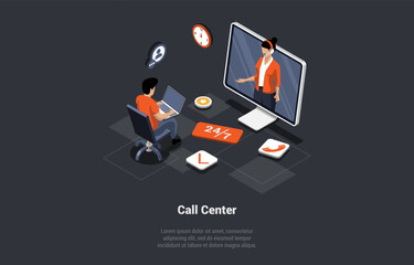 Concept Of Call Center, Technical Support 24 7. Hotline Operator Advise Customers. Man Call Technical Support Or Helpline 24 7 To Solve Problem Adout Service. Isometric 3d Cartoon Vector Illustration