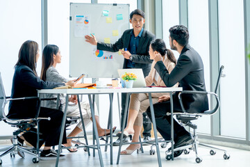 Asian business man present the project on whiteboard to co-worker and manager with day light in office and they look happy to work together.