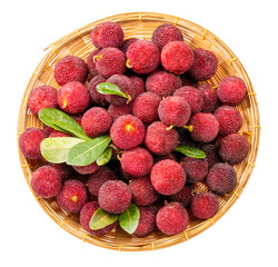 Arbutus berries or Red Yangmei fruit in basket on white, Red Bayberry, Yumberry, Yamamomo, Waxberry on white PNG file.