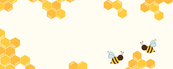 Beehive honey sign with hexagon grid cells and bee cartoons on yellow background vector illustration