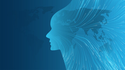 Machine Learning, Artificial Intelligence, Cloud Computing and Networks Design Concept with Geometric Network Mesh and Wavy Lines and Human Face Profile Silhouette - Global Connections with World Map