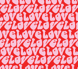 Groovy 60s and 70s Style Vector Seamless Pattern with Light Pink Retro Lettering "Love" Isolated on a Red Background. Trendy Hippie Style Repeatable Print ideal for Fabric, Textile. Romantic Print.