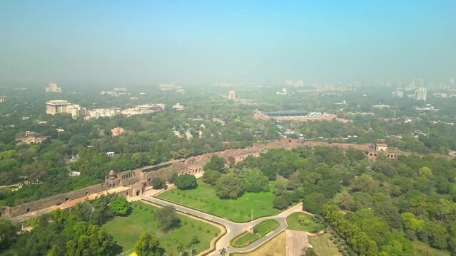 Delhi: Aerial view of capital city of India, famous landmark Purana Qila fort (Old Fort) - landscape panorama of South Asia from above
