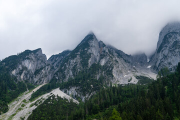 Beautiful Alps mountain peaks on a gloomy foggy day during winter. Dramatic landscape with high mountain rocks, trees and overcast sky with clouds on a cold day. Alpine mountains, Nature. Dark scenery