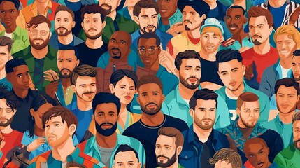 illustration of a diverse group of handsome man with natural beauty and glowing smooth skin, Generative AI