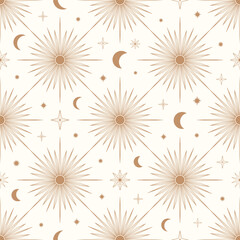 Hand drawn seamless pattern of Sun, Moon, sunburst, stars. Mystical celestial bursting sun rays vector. Magic space galaxy sketch illustration for greeting card, wallpaper, wrapping paper, fabric