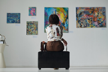 Rear view of young woman sitting on couch and looking at paintings on the wall, she enjoying art in...