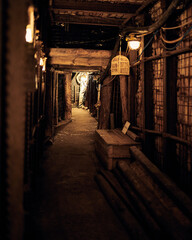Old and creepy mineshaft hallway with dim light