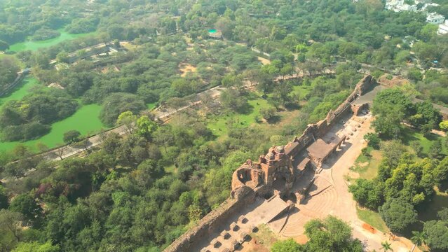 Delhi: Aerial view of capital city of India, famous landmark Purana Qila fort (Old Fort) - landscape panorama of South Asia from above
