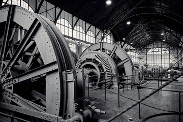 Industrial factory hall for coal mining in black and white showing big electrical motors