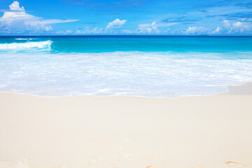Fototapeta na wymiar Seascape with white sand on the beach and ocean's turquoise water. Idyllic tropical beach scene. Seychelles.
