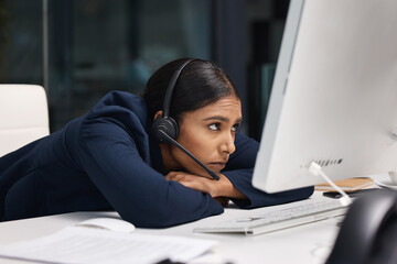 Tired, call center problem and a woman with a computer for online service, support stress and...