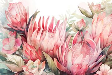 Tropical summer watercolor banner with protea and plants - obrazy, fototapety, plakaty
