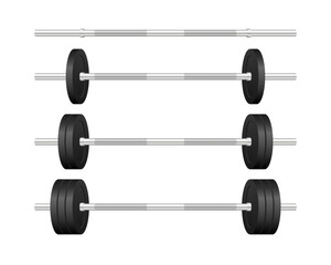 Collection of realistic barbells with different weights. Weightlifting equipment. Barbells isolated on white background. Vector illustration.