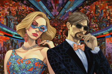 Billlionare with a beautiful woman adorned with a vibrant mosaic of diamonds, pearls, and other precious gemstones, illustrating their affluence and glamour, manga style illustration generative ai