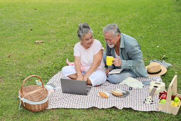 Happy asian senior man and woman sitting on blanket and having fun on picnic together in garden...