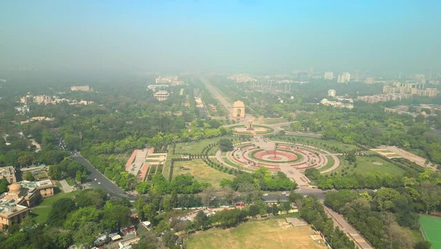 Delhi: Aerial view of capital city of India, iconic landmark India Gate (All India War Memorial) - landscape panorama of South Asia from above
