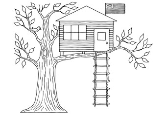 A small treehouse with an American flag and a rope ladder. Hand Drawn. Freehand drawing. Doodle. Sketch. Outline. Coloring book.	