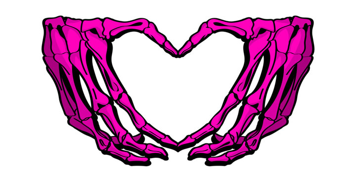 Skeleton hands howing heart shape. Bone hands goth style illustration. T-shirt print for Horror or Halloween. Hand drawing illustration isolated on white background. Vector EPS 10