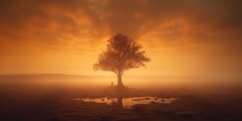Naklejka na ściany i meble AI Generated. AI Generative. Photo illustration of fog mist mystic lovely tree of life. Adventure nature outdoor romantic vibe. Graphic Art