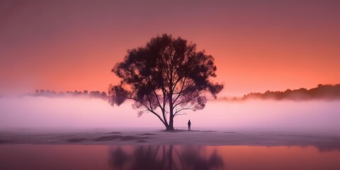 Obraz premium AI Generated. AI Generative. Photo illustration of fog mist mystic lovely tree of life. Adventure nature outdoor romantic vibe. Graphic Art
