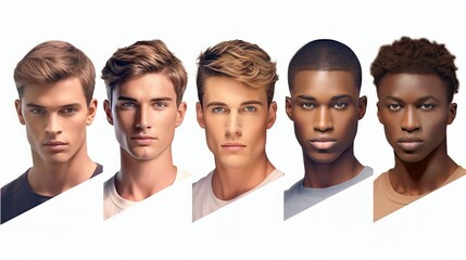 illustration of a diverse group of handsome man with natural beauty and glowing smooth skin, Generative AI