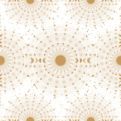 Hand drawn seamless pattern of golden Sun, Moon, stars. Mystical celestial circle galaxy space with sun rays. Magic vector sketch illustration for greeting card, wallpaper, wrapping paper, fabric
