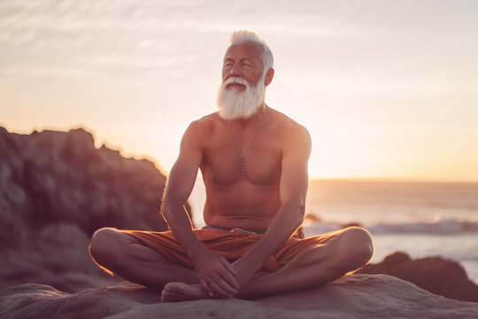 Illustration of old mature man doing yoga on the beach