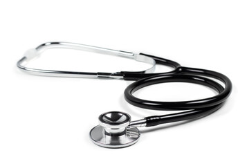 Black stethoscope on white background. Healthcare copcept.