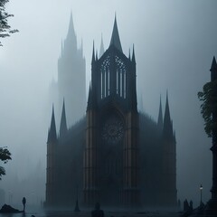 Obraz premium A Gothic cathedral on a misty morning. Generated AI tool