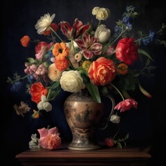 Flower Still Life Bouquet in Vintage Vase, Ancient Dutch Masters Imitation, Abstract Generative AI Illustration