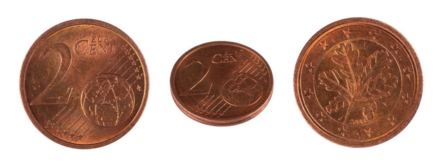A collage of 2 euro cent coin on white background