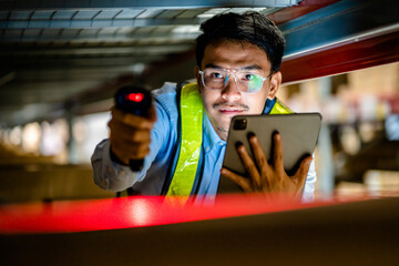Warehouse workers use scanner checking and scan the barcode of stock inventory to keep storage in a system, Smart warehouse management system, Supply chain and logistic network technology concept.