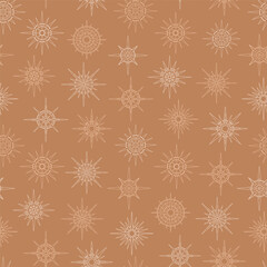 Hand drawn seamless pattern of Sun and stars. Mystical celestial bursting sun rays, circle vector talisman. Magic space galaxy sketch illustration for greeting card, wallpaper, wrapping paper, fabric