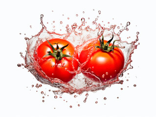 Falling tomato vegetable meets water in a splash, white background. Lots of crystal drops. AI generative illustration.