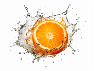 Falling orange fruit meets water in a splash, white background. Lots of crystal drops. AI generative illustration.