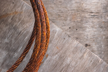 Steel cable sling Old rusty focus macro close-up texture background.