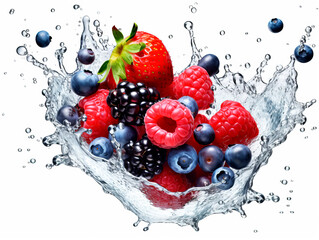 Falling berries mixture meets water in a splash, white background. Lots of crystal drops. AI generative illustration.